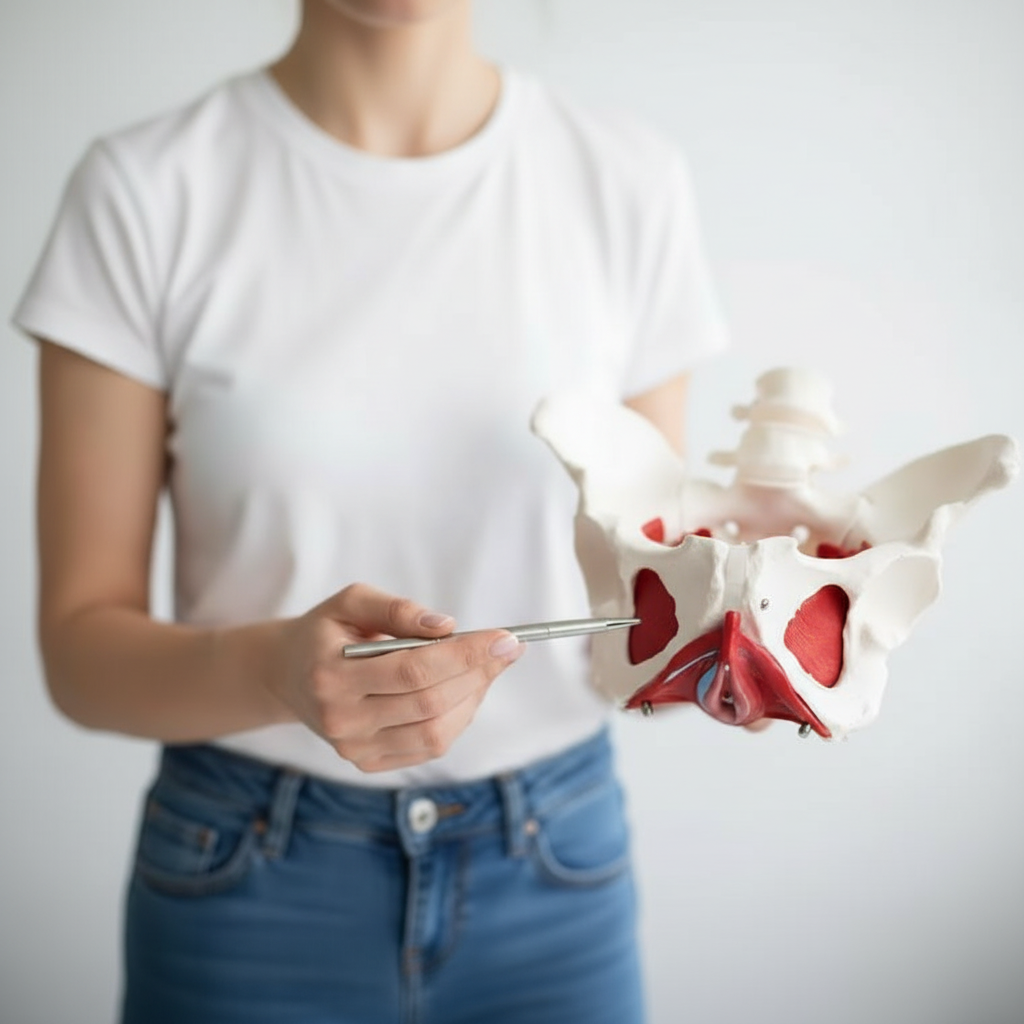 personne qui montre l'anatomie du bassin féminin