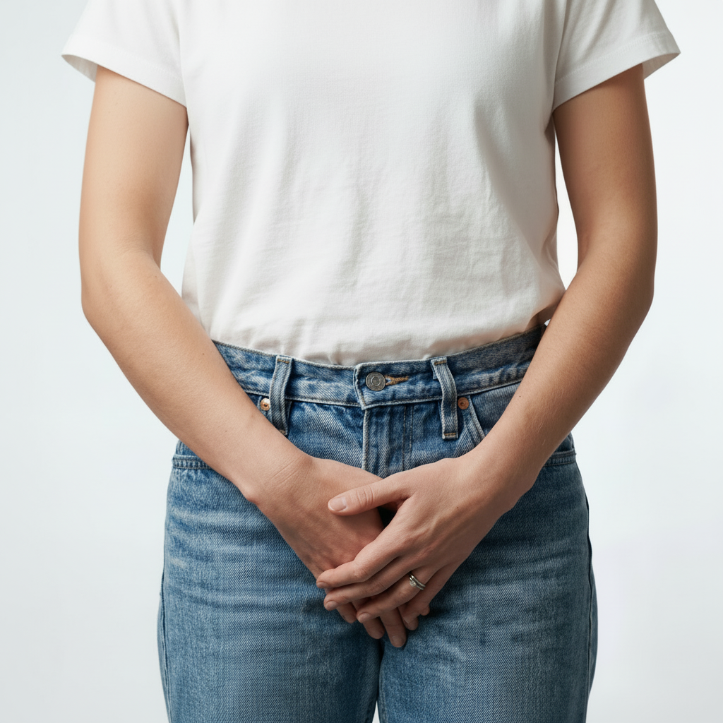 Image d'une femme qui a ses mains sur son pubis